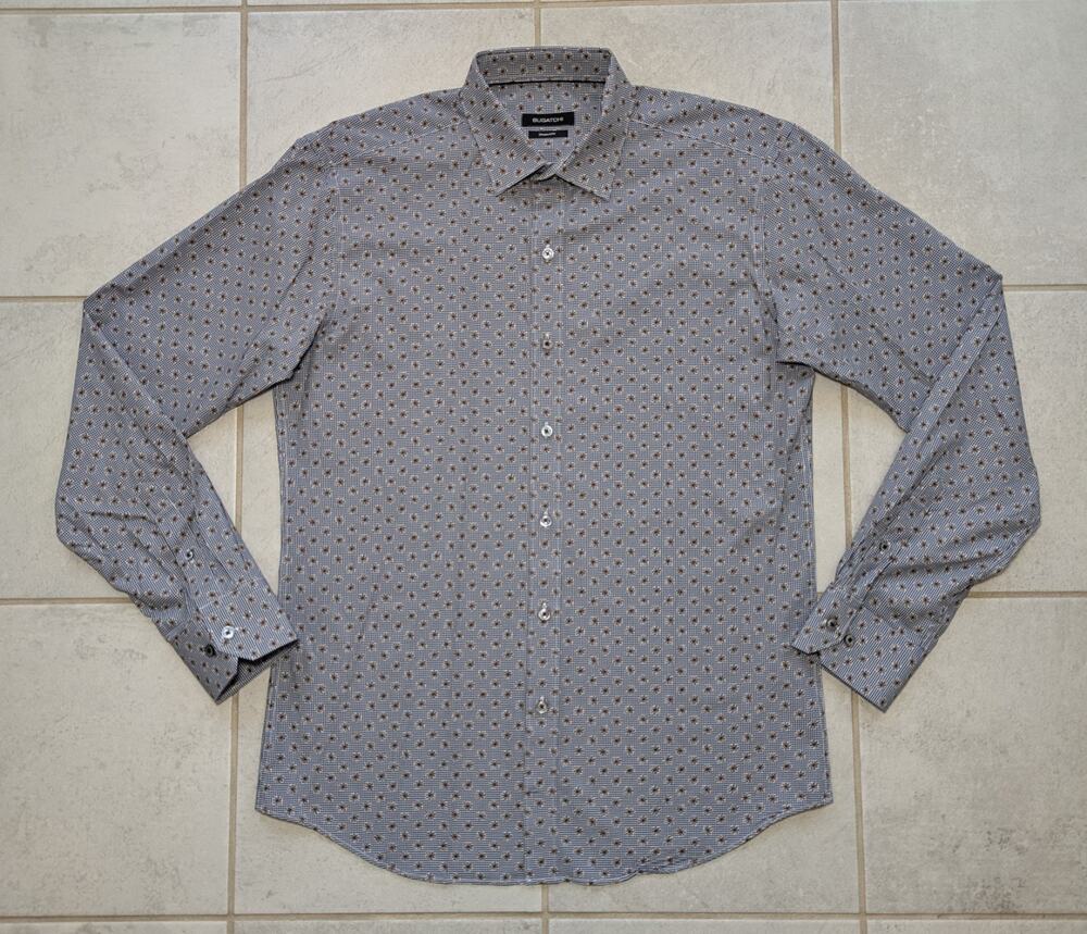 Bugatchi Men's Medium Button Up Floral Flower Gray Long Sleeve Shirt Shaped Fit